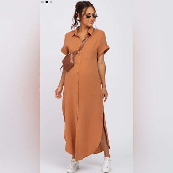 NEW! Cyer Vitz Size S Camel Button Down Maternity Midi Dress - Picture 2 of 9